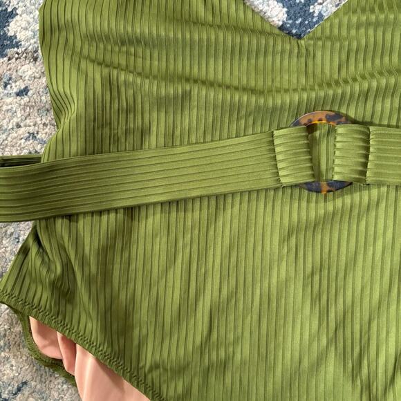 J.Crew Ribbed Belted V Neck One Piece Swimsuit Bathing Suit Green - Picture 2 of 6